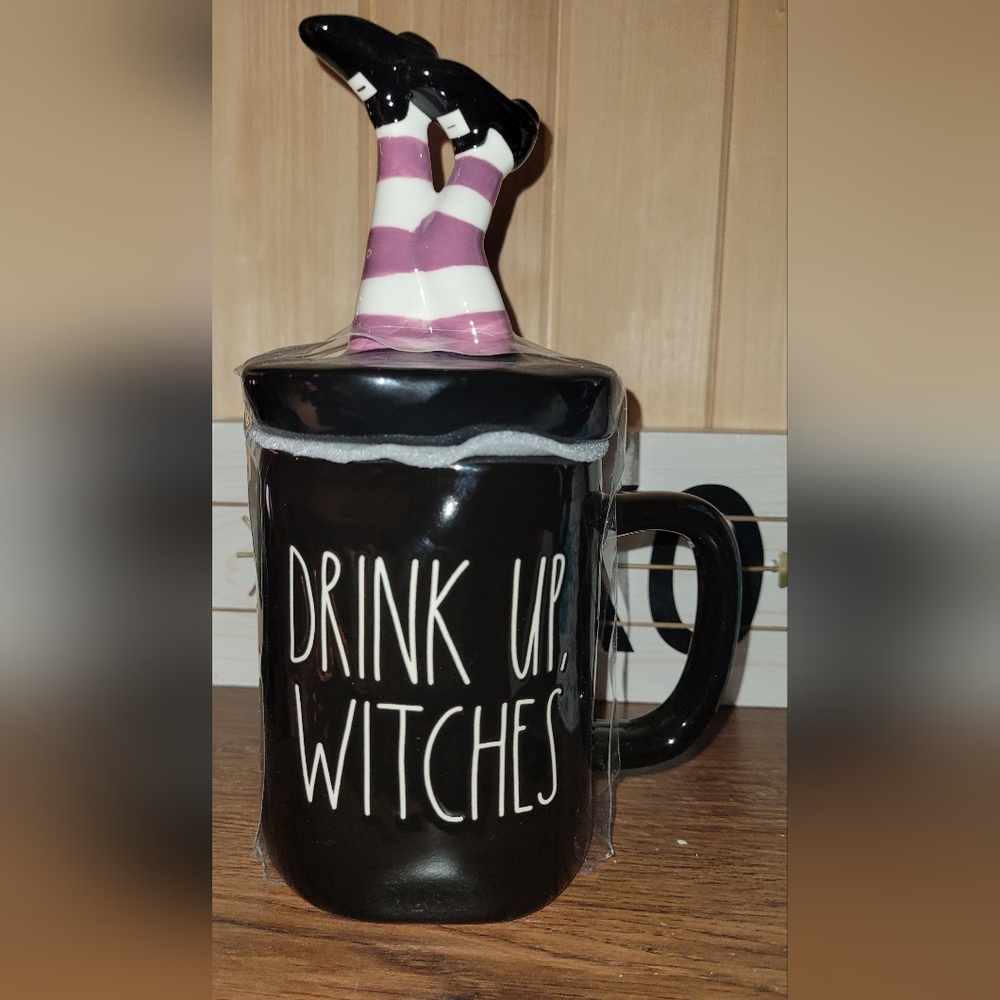 Rae Dunn Halloween "Drink Up Witches" mug with topper